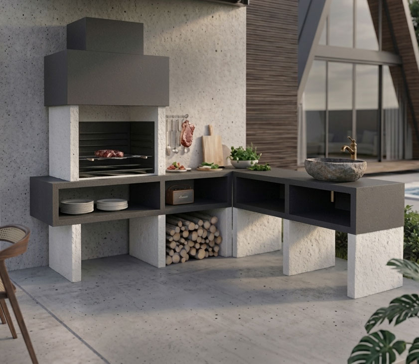 Barbacoa de diseño con fregadero de piedra